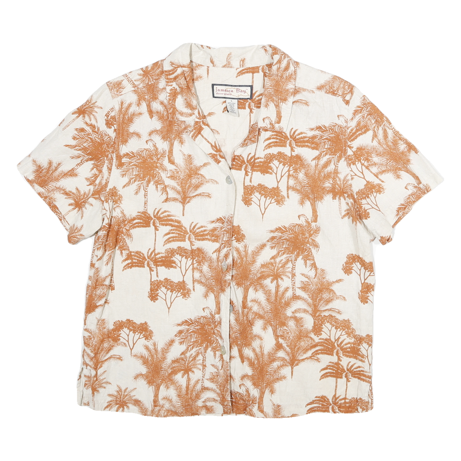 JAMIACA BAY Womens Cream & Brown Linen Blend Shirt L Tropical Print Casual