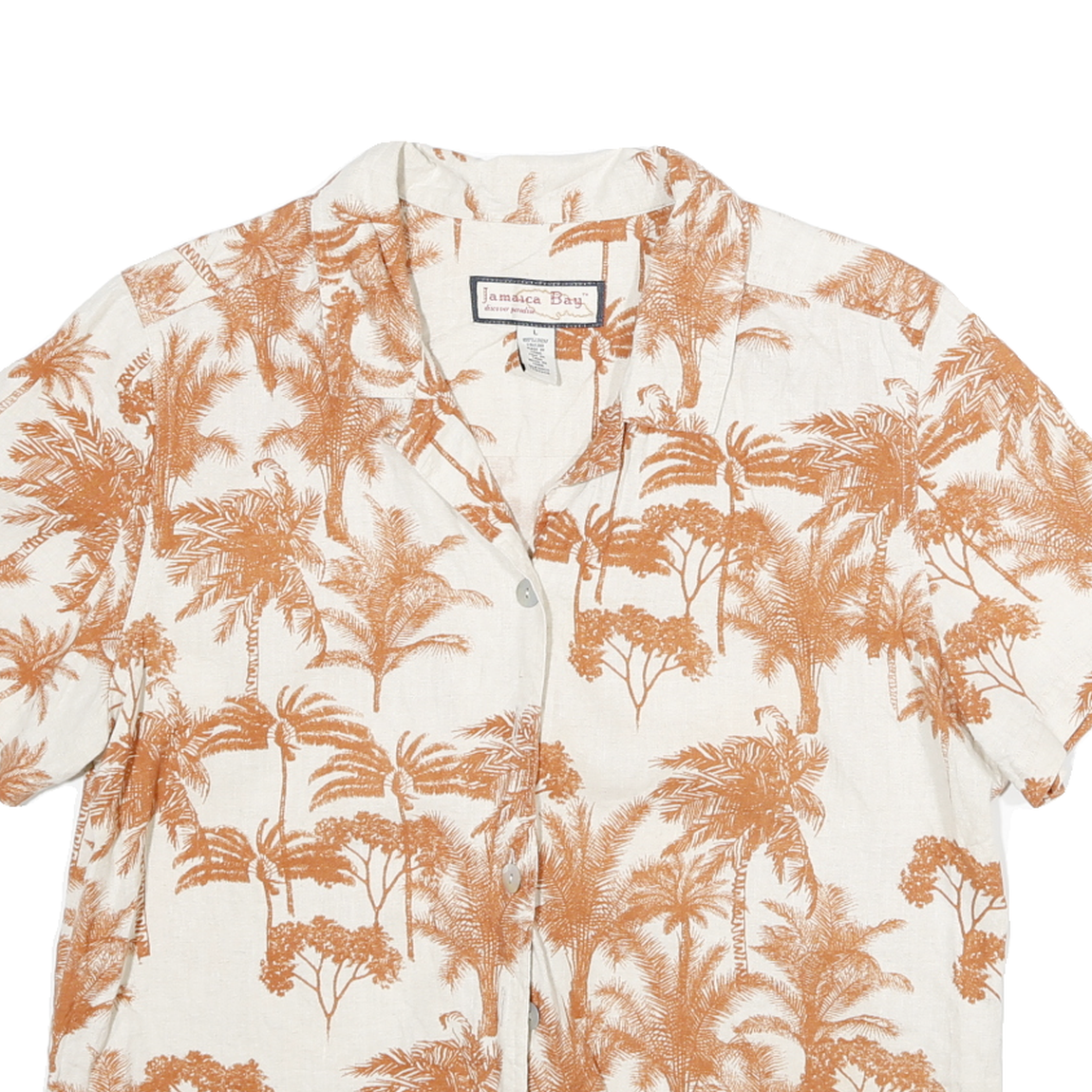 JAMIACA BAY Womens Cream & Brown Linen Blend Shirt L Tropical Print Casual