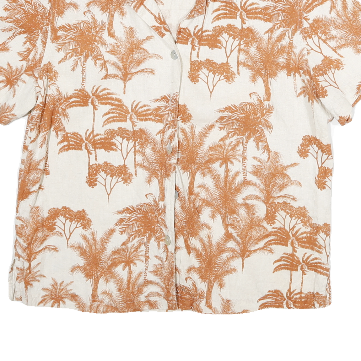JAMIACA BAY Womens Cream & Brown Linen Blend Shirt L Tropical Print Casual