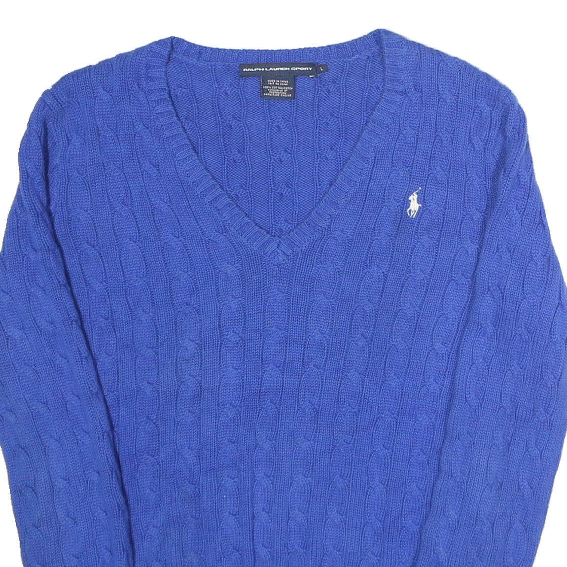 RALPH LAUREN SPORT Mens Blue Cable Knit V-Neck Jumper L Cotton Classic Fit