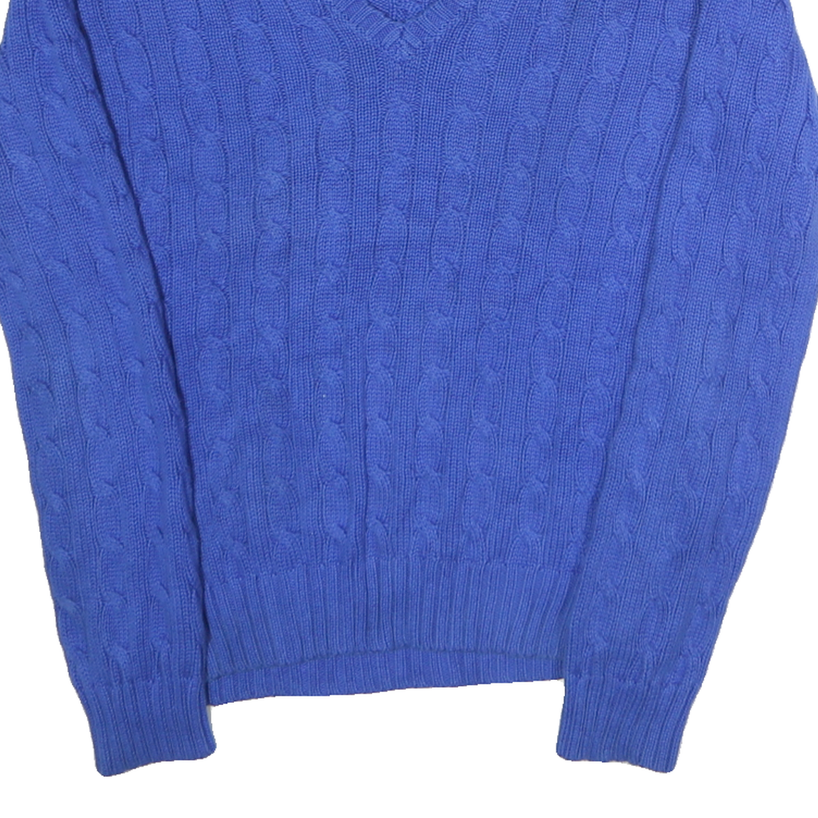 RALPH LAUREN SPORT Mens Blue Cable Knit V-Neck Jumper L Cotton Classic Fit