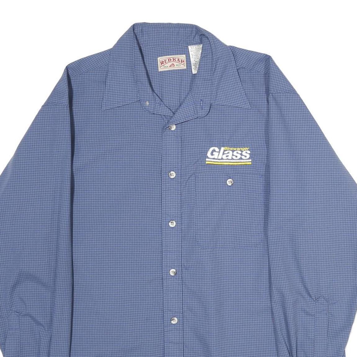 RED KAP Mens Blue & Navy Checked Workwear Shirt L Cotton Blend Long Sleeve