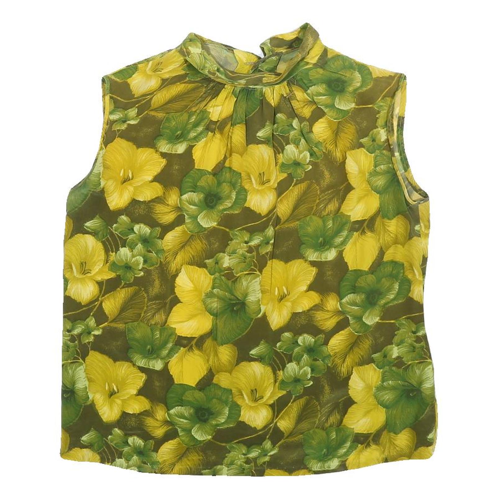 Womens Green & Yellow Floral Sleeveless High Neck Top M Lightweight Blouse