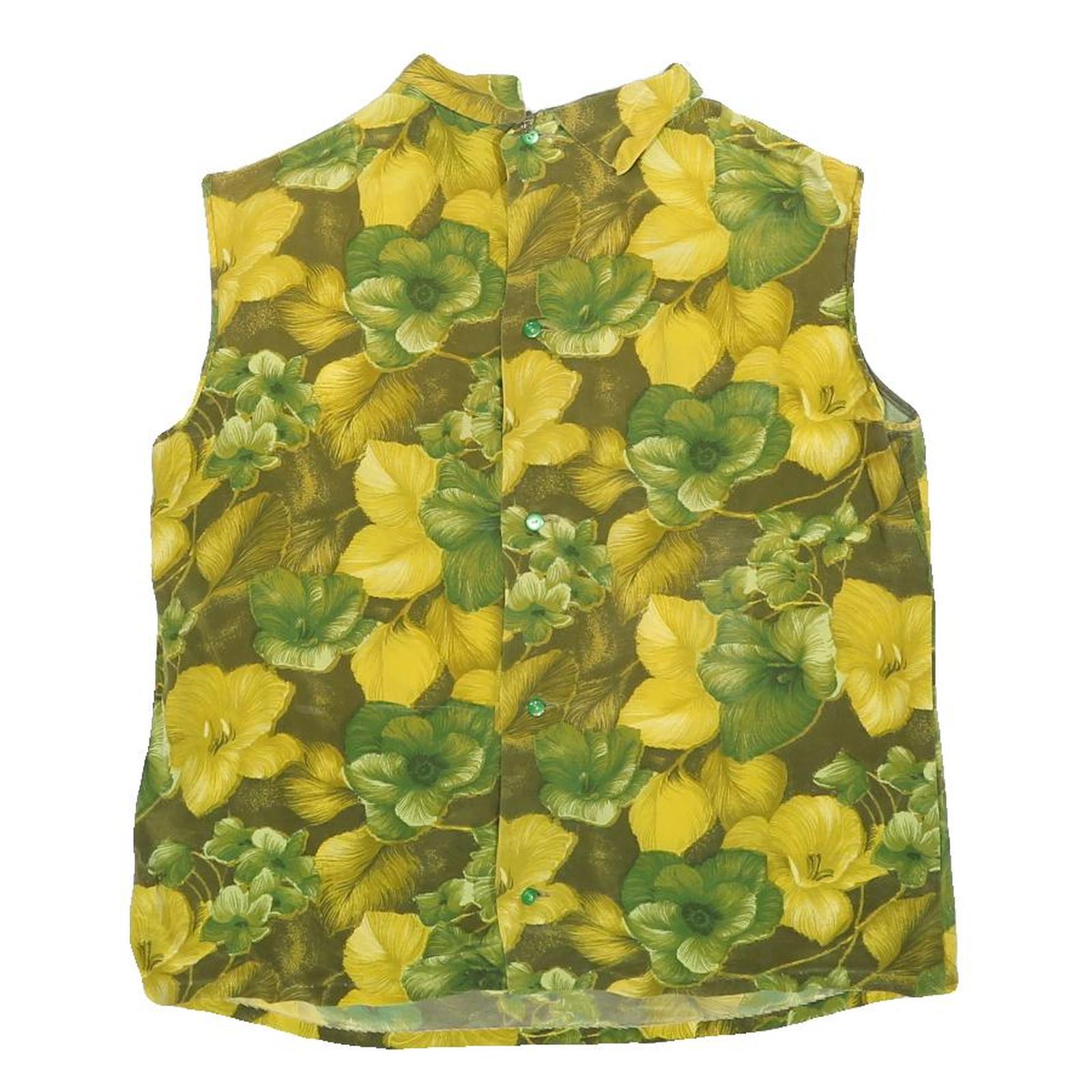 Womens Green & Yellow Floral Sleeveless High Neck Top M Lightweight Blouse