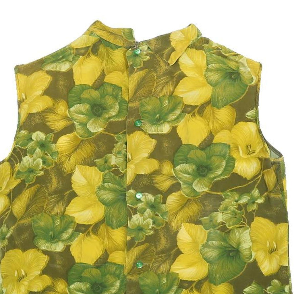 Womens Green & Yellow Floral Sleeveless High Neck Top M Lightweight Blouse