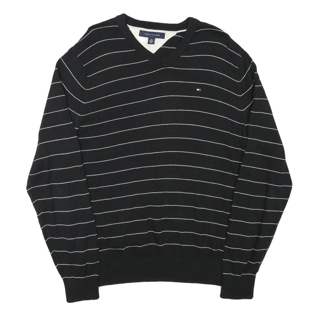 TOMMY HILFIGER Mens Black & White Patterned Jumper V-Neck Basic Knit M Cotton