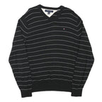 TOMMY HILFIGER Mens Black & White Patterned Jumper V-Neck Basic Knit M Cotton
