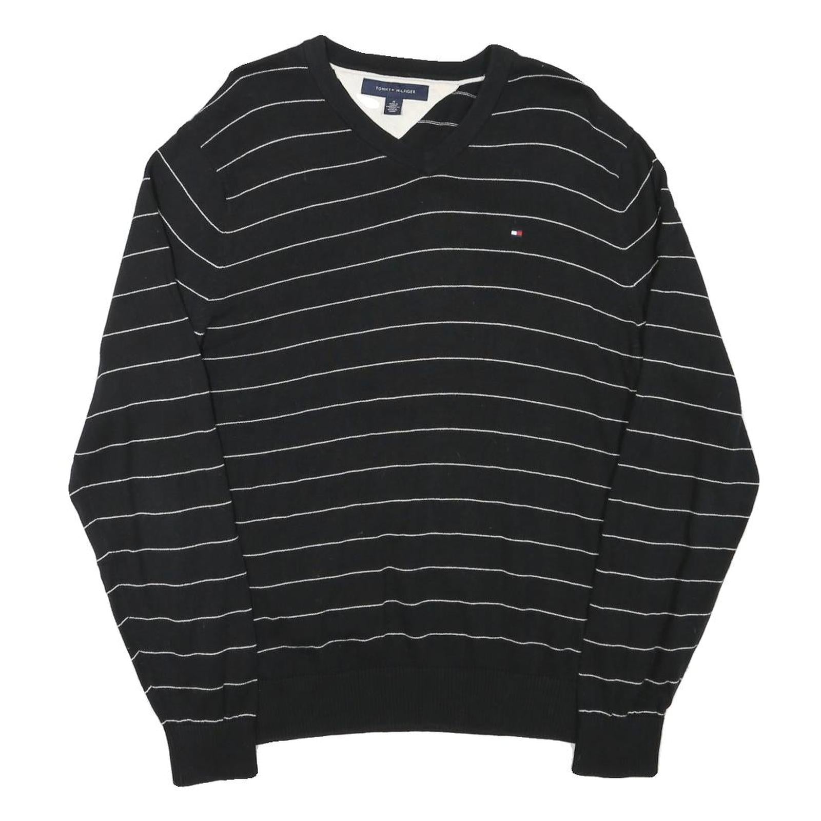 TOMMY HILFIGER Mens Black & White Patterned Jumper V-Neck Basic Knit M Cotton