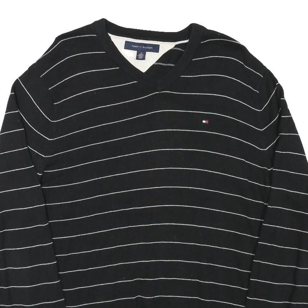 TOMMY HILFIGER Mens Black & White Patterned Jumper V-Neck Basic Knit M Cotton