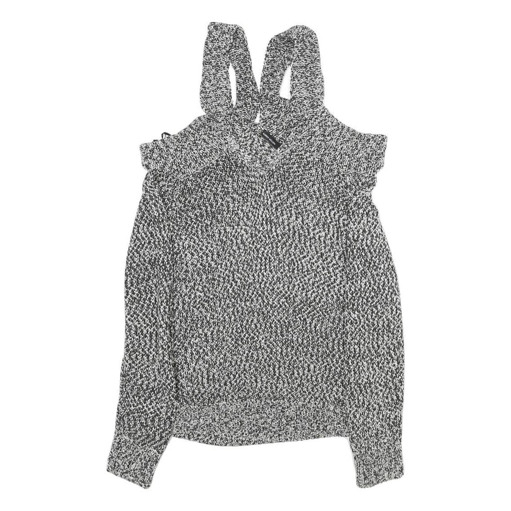 KAREN MILLEN Womens Black & White Patterned Jumper Cold Shoulder V-Neck Rib Knit