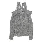 KAREN MILLEN Womens Black & White Patterned Jumper Cold Shoulder V-Neck Rib Knit