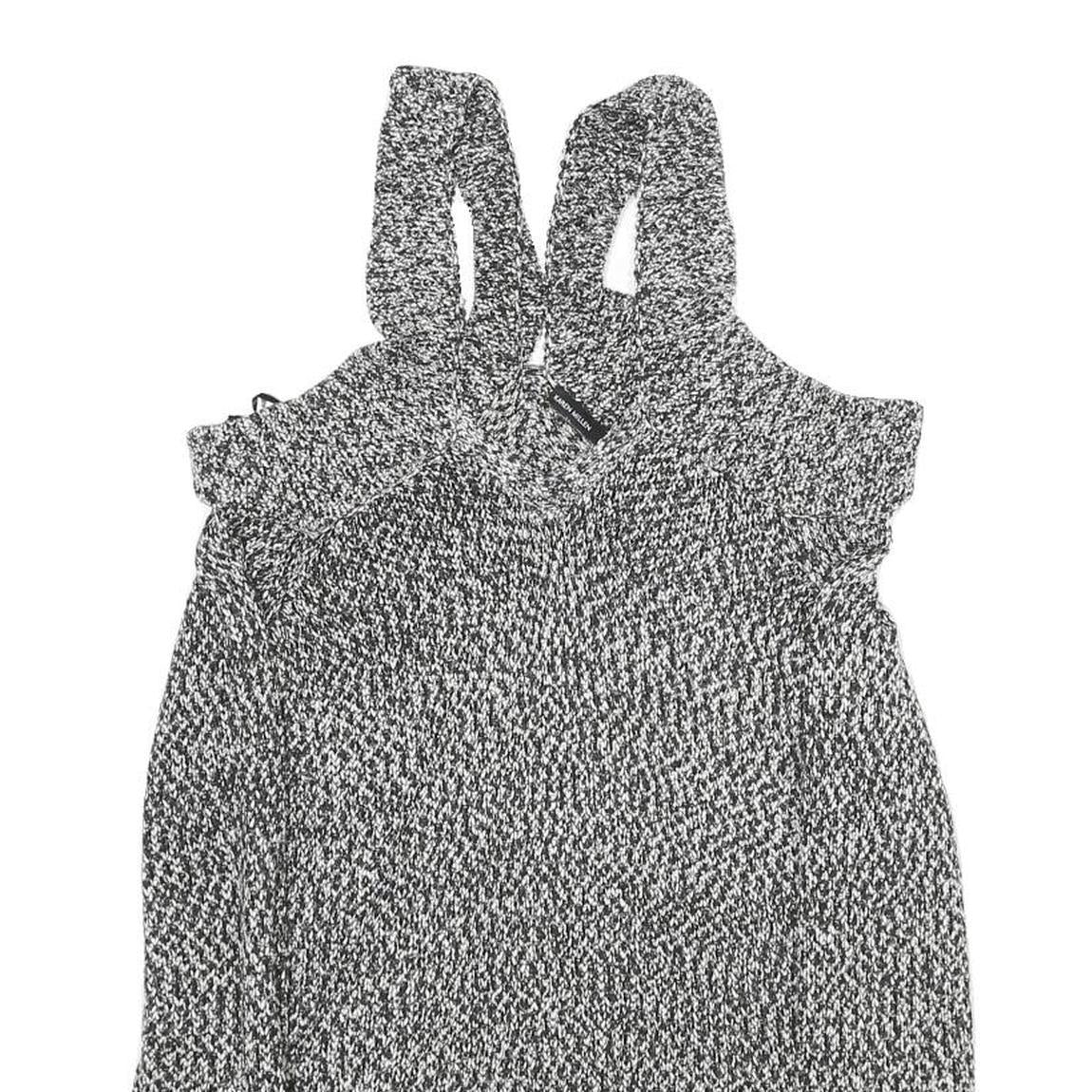 KAREN MILLEN Womens Black & White Patterned Jumper Cold Shoulder V-Neck Rib Knit