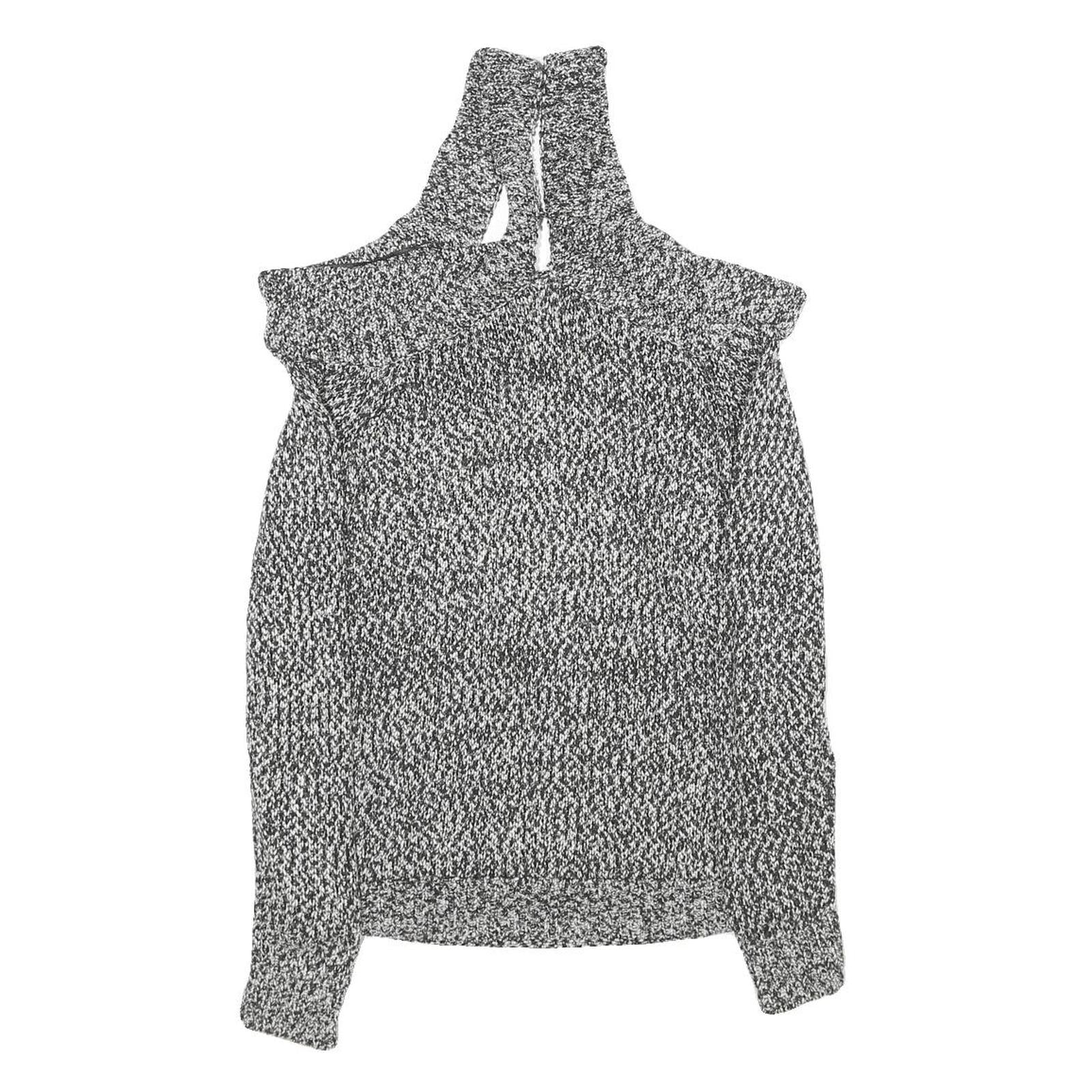 KAREN MILLEN Womens Black & White Patterned Jumper Cold Shoulder V-Neck Rib Knit