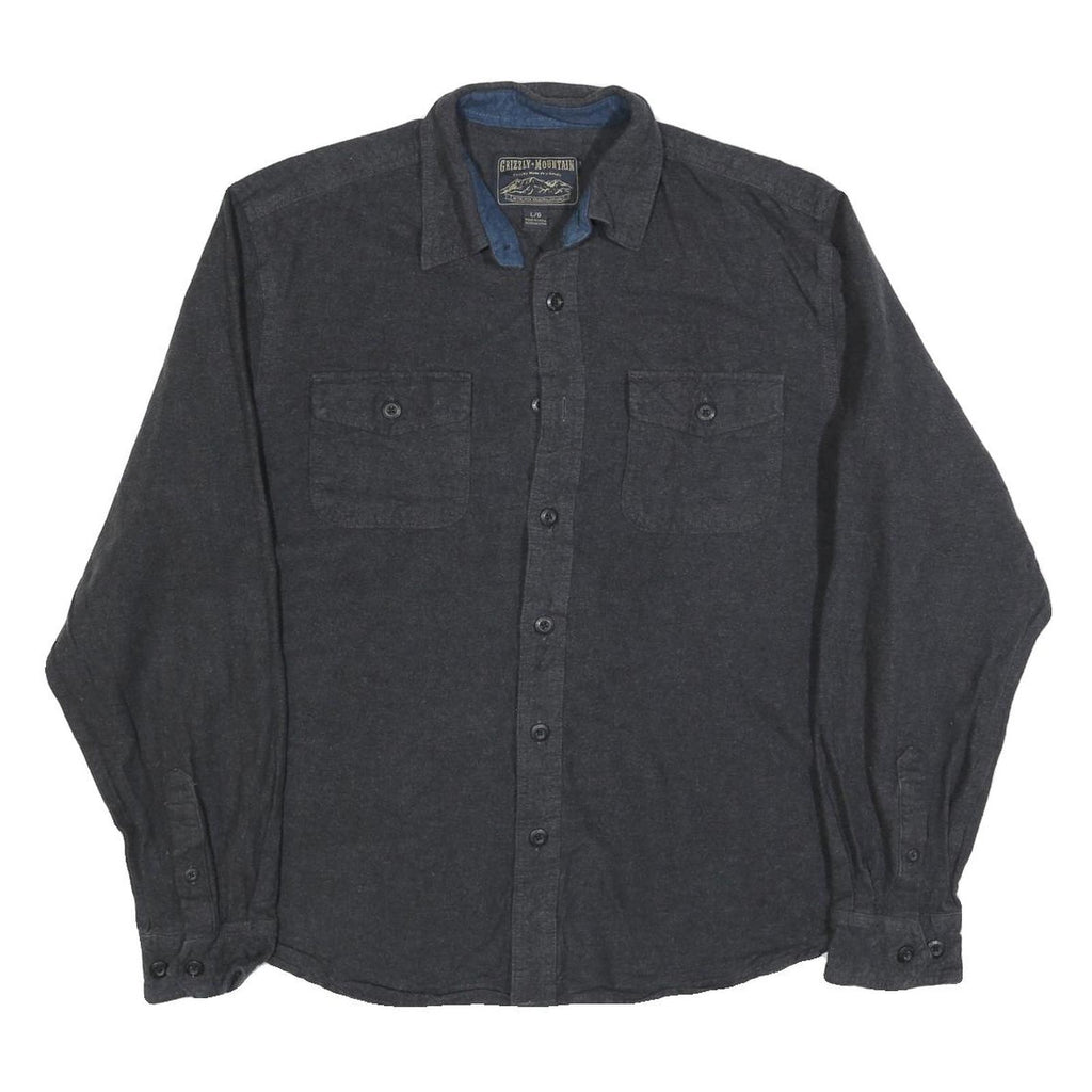 GRIZZLY MOUNTAIN Mens Black Plain Shirt L Cotton Blend Button Pocket Casual