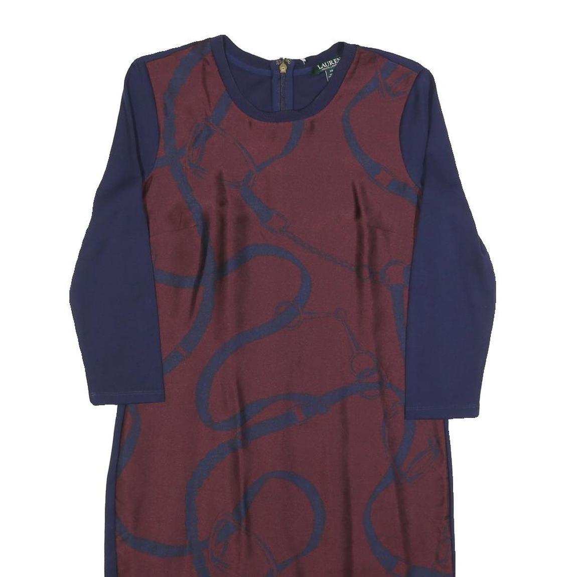 LAUREN RALPH LAUREN Womens Blue & Maroon Day Polyester Blend Dress XS Stylish