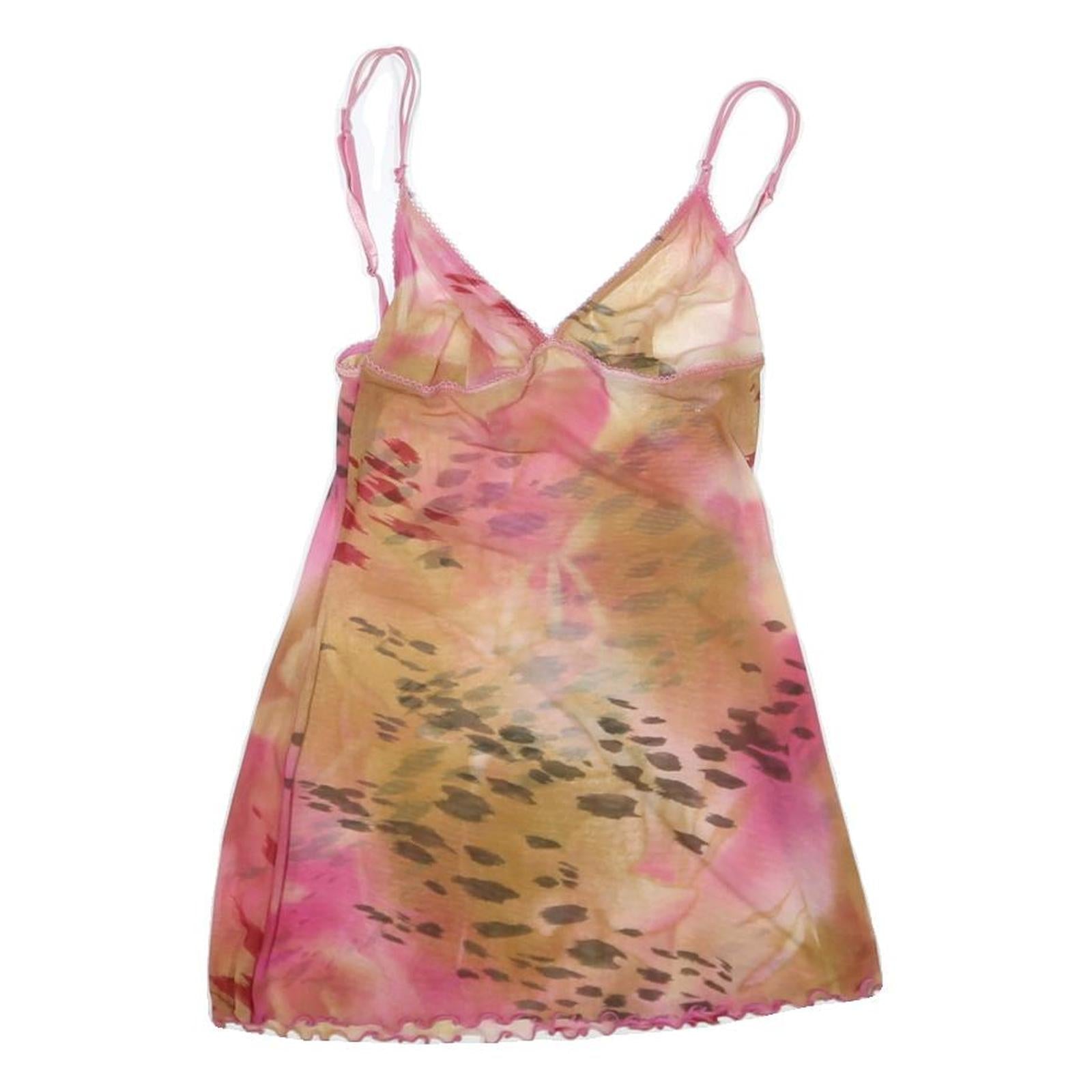 Womens Pink & Brown Printed Sleeveless V-Neck Top M Summer Casual