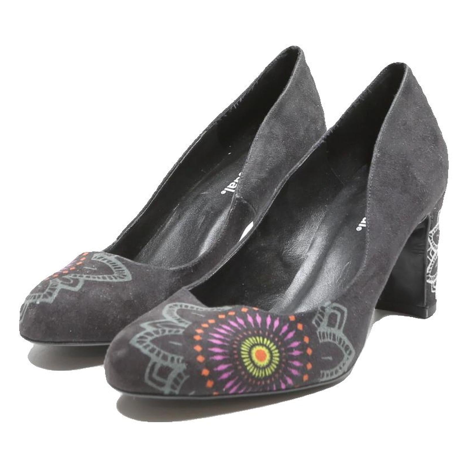 DESIGUAL Womens Printed Block Heel Shoes Black Synthetic UK 6 Unique Pattern