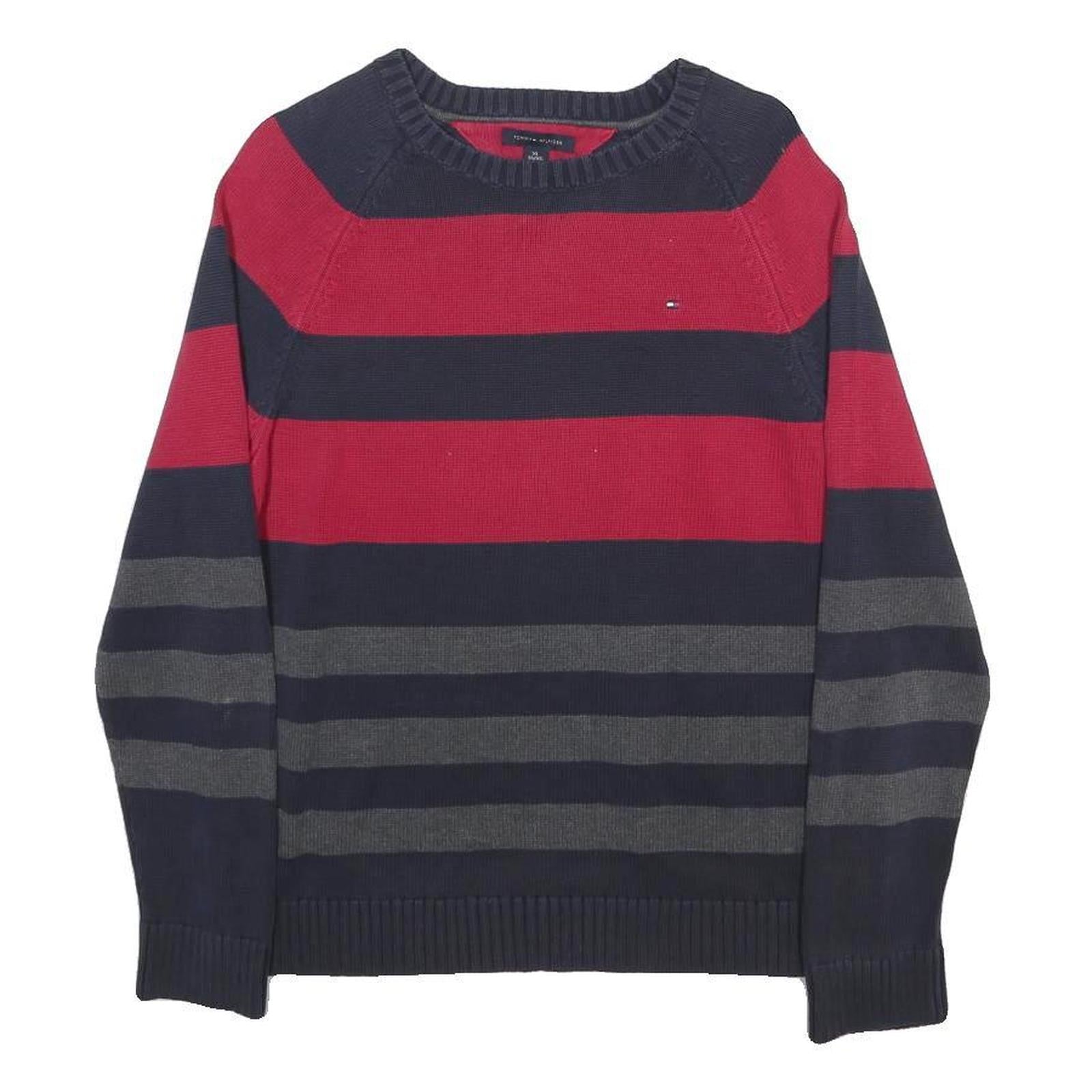 TOMMY HILFIGER Boys Red & Navy Blue Striped Jumper Crew Neck Basic Knit XL