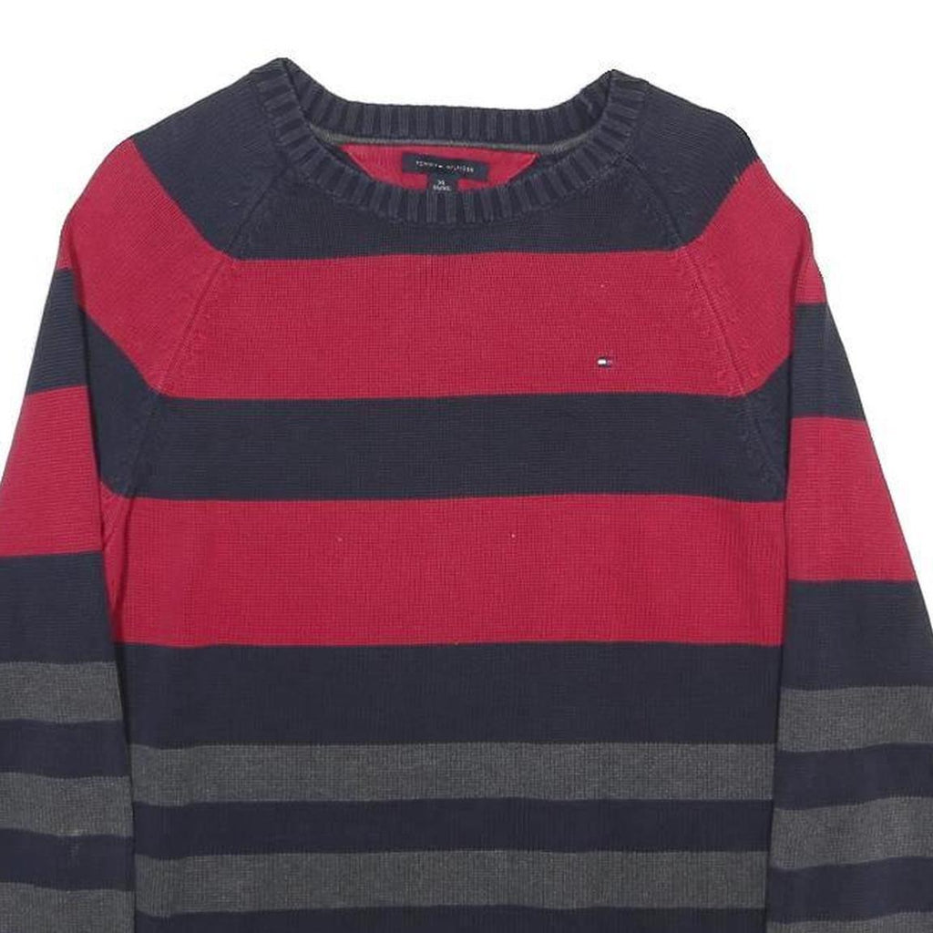 TOMMY HILFIGER Boys Red & Navy Blue Striped Jumper Crew Neck Basic Knit XL