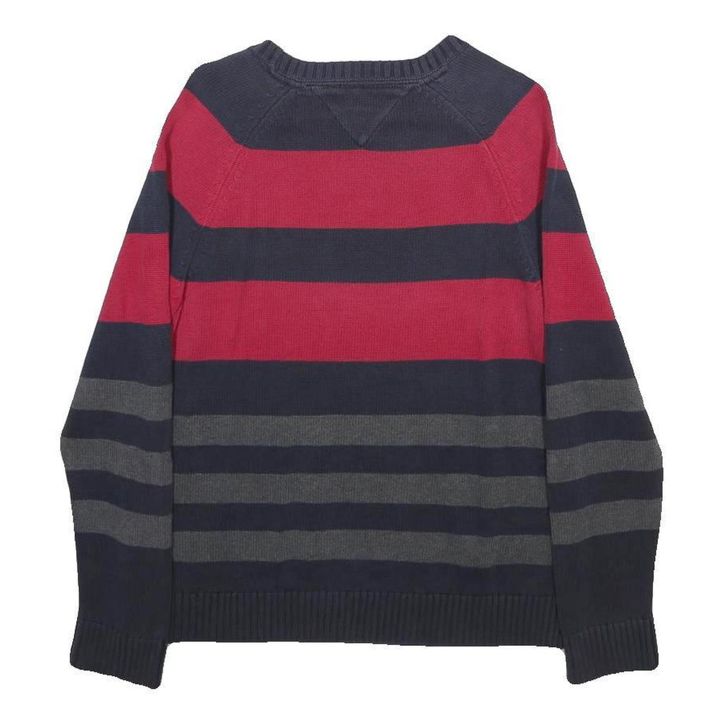 TOMMY HILFIGER Boys Red & Navy Blue Striped Jumper Crew Neck Basic Knit XL