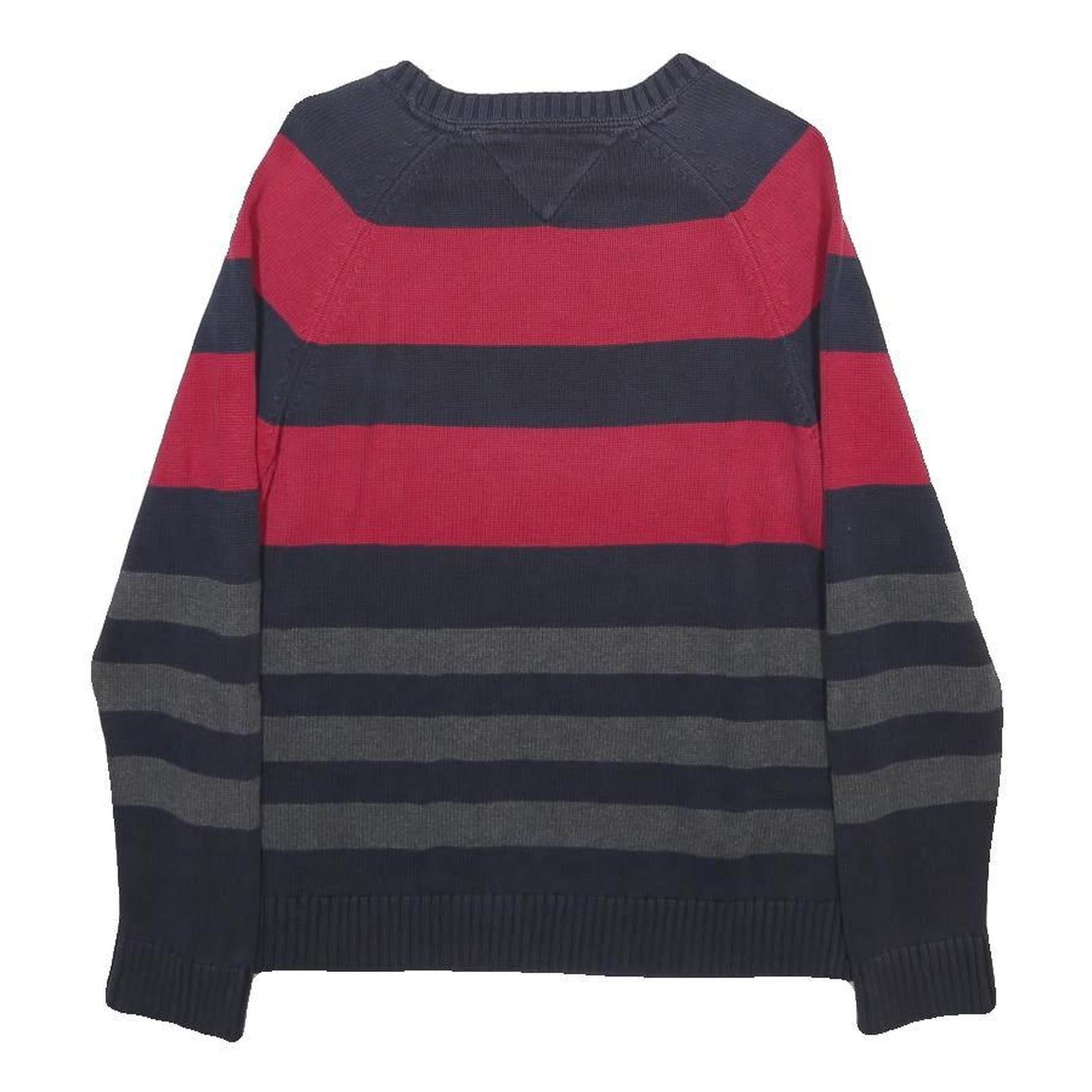 TOMMY HILFIGER Boys Red & Navy Blue Striped Jumper Crew Neck Basic Knit XL