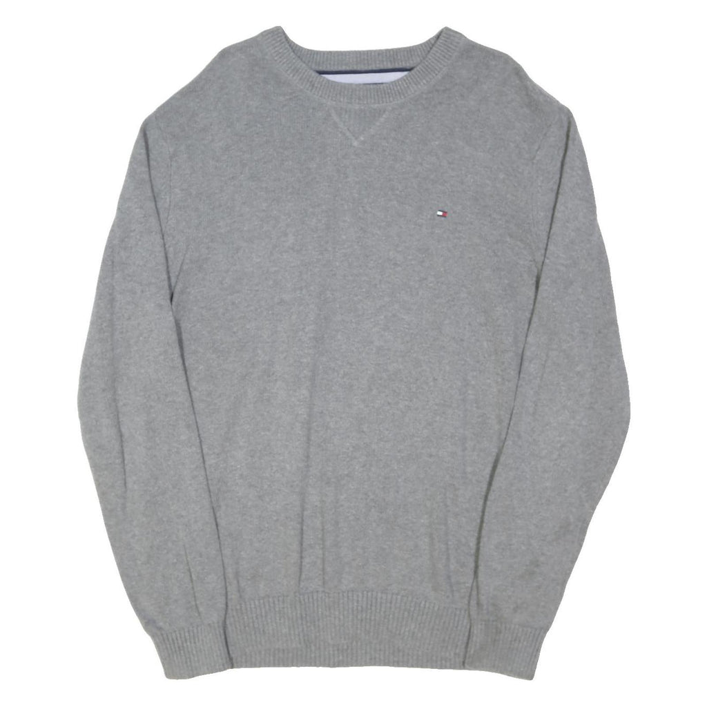 TOMMY HILFIGER Mens Grey Plain Crew Neck Basic Knit Jumper XL Cotton Blend