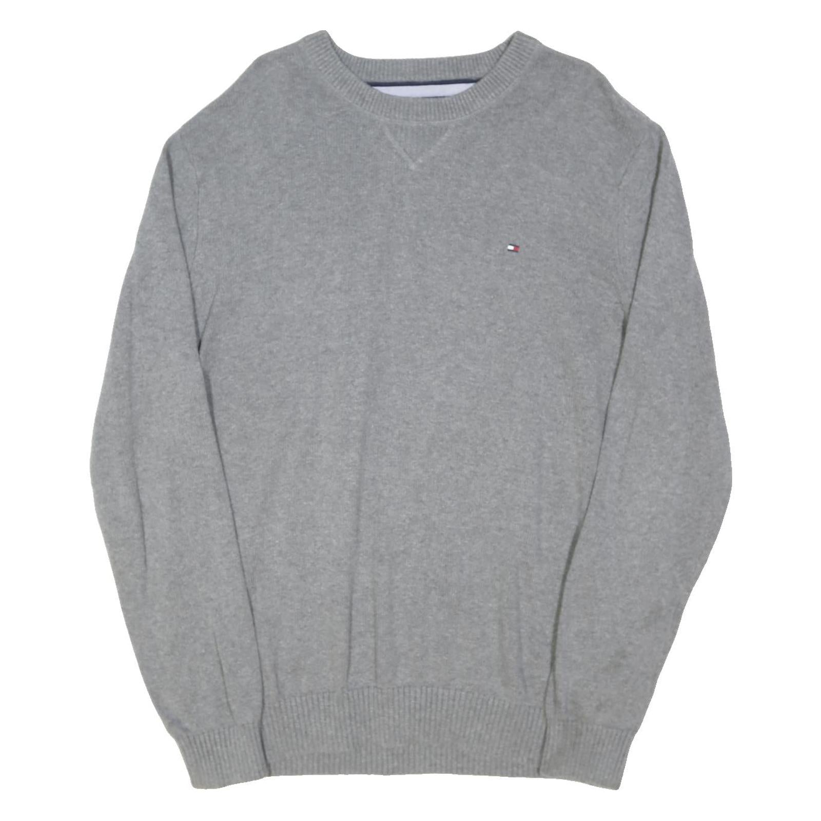 TOMMY HILFIGER Mens Grey Plain Crew Neck Basic Knit Jumper XL Cotton Blend