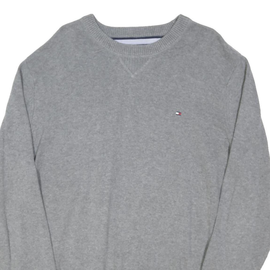 TOMMY HILFIGER Mens Grey Plain Crew Neck Basic Knit Jumper XL Cotton Blend