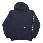CARHARTT Mens Navy Blue Hoodie M Cotton Blend Logo Printed Sleeve Sweatshirt