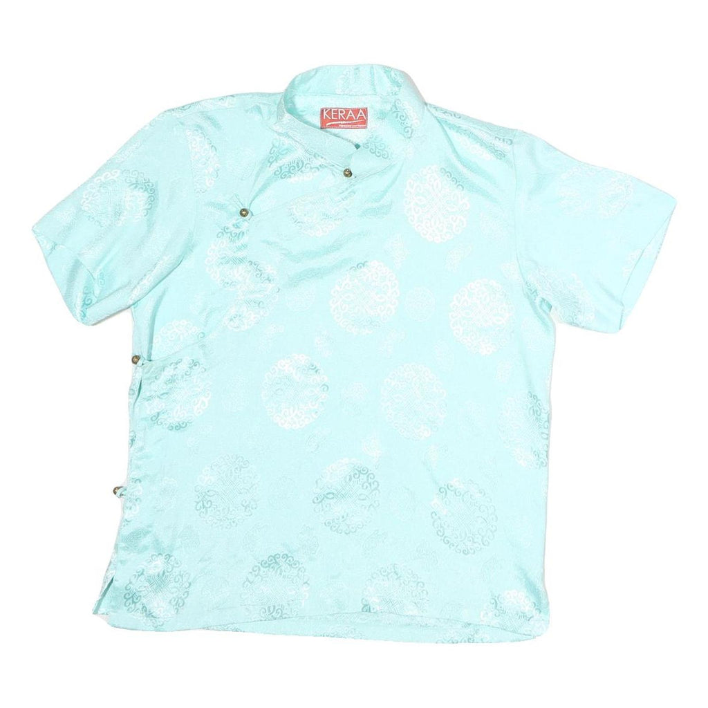 KERRAA Womens Blue Printed Top Short Sleeve Button Neck Silk M Stylish Elegant