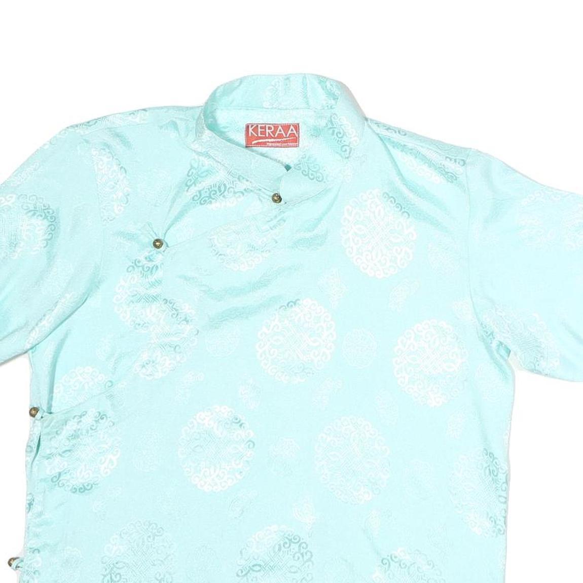 KERRAA Womens Blue Printed Top Short Sleeve Button Neck Silk M Stylish Elegant