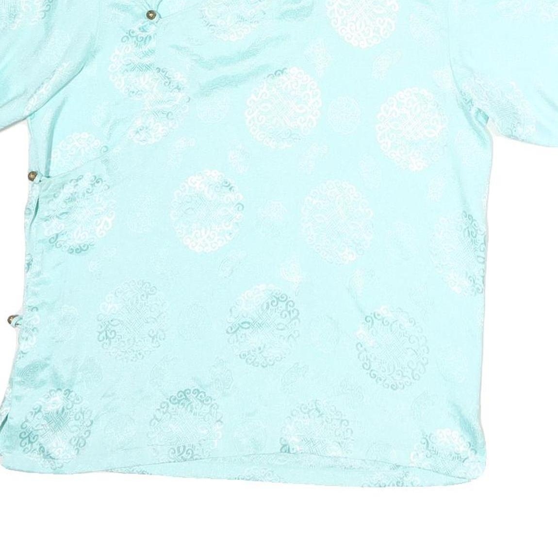 KERRAA Womens Blue Printed Top Short Sleeve Button Neck Silk M Stylish Elegant