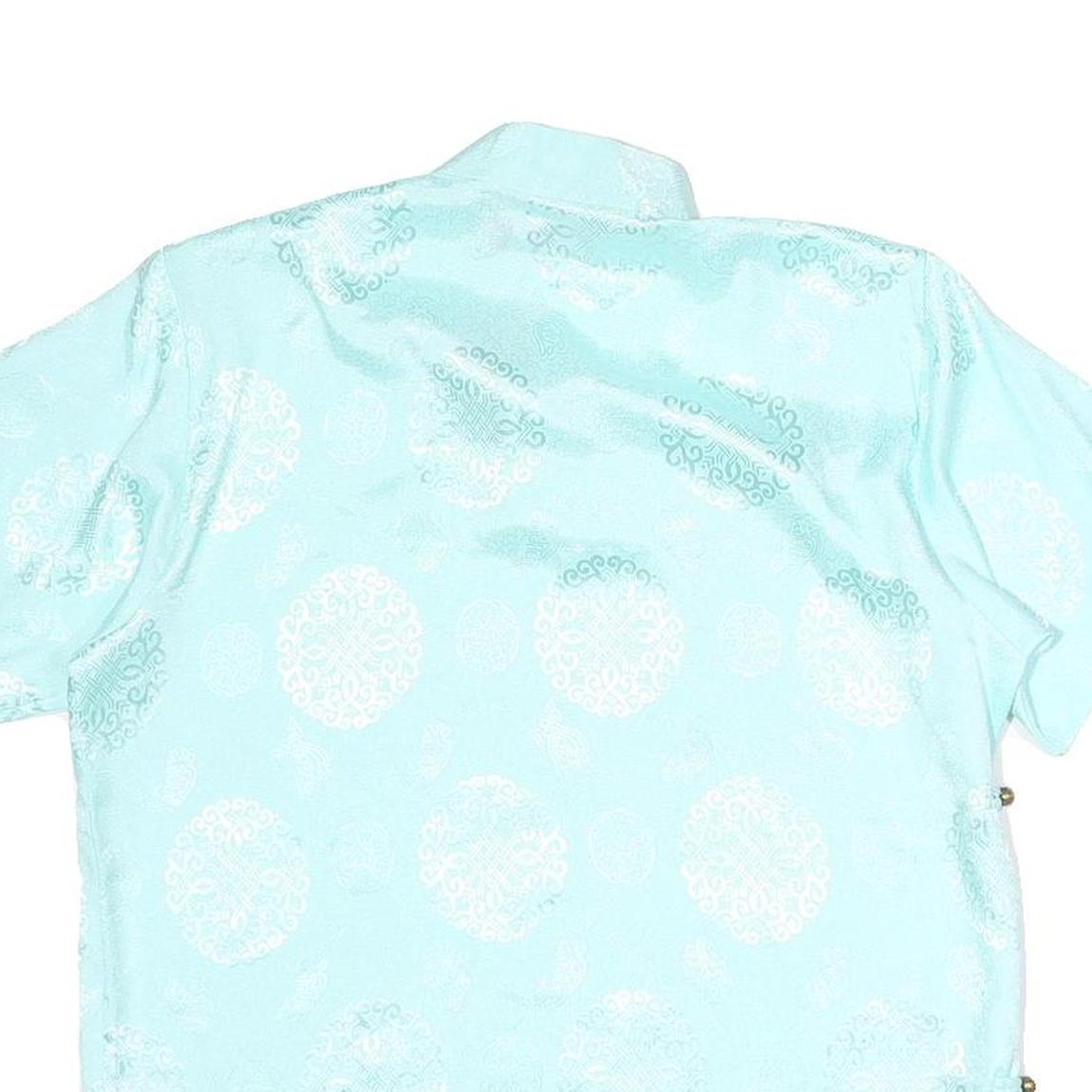 KERRAA Womens Blue Printed Top Short Sleeve Button Neck Silk M Stylish Elegant