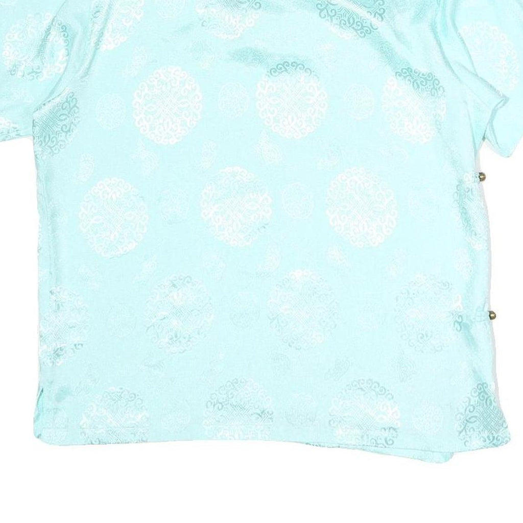 KERRAA Womens Blue Printed Top Short Sleeve Button Neck Silk M Stylish Elegant