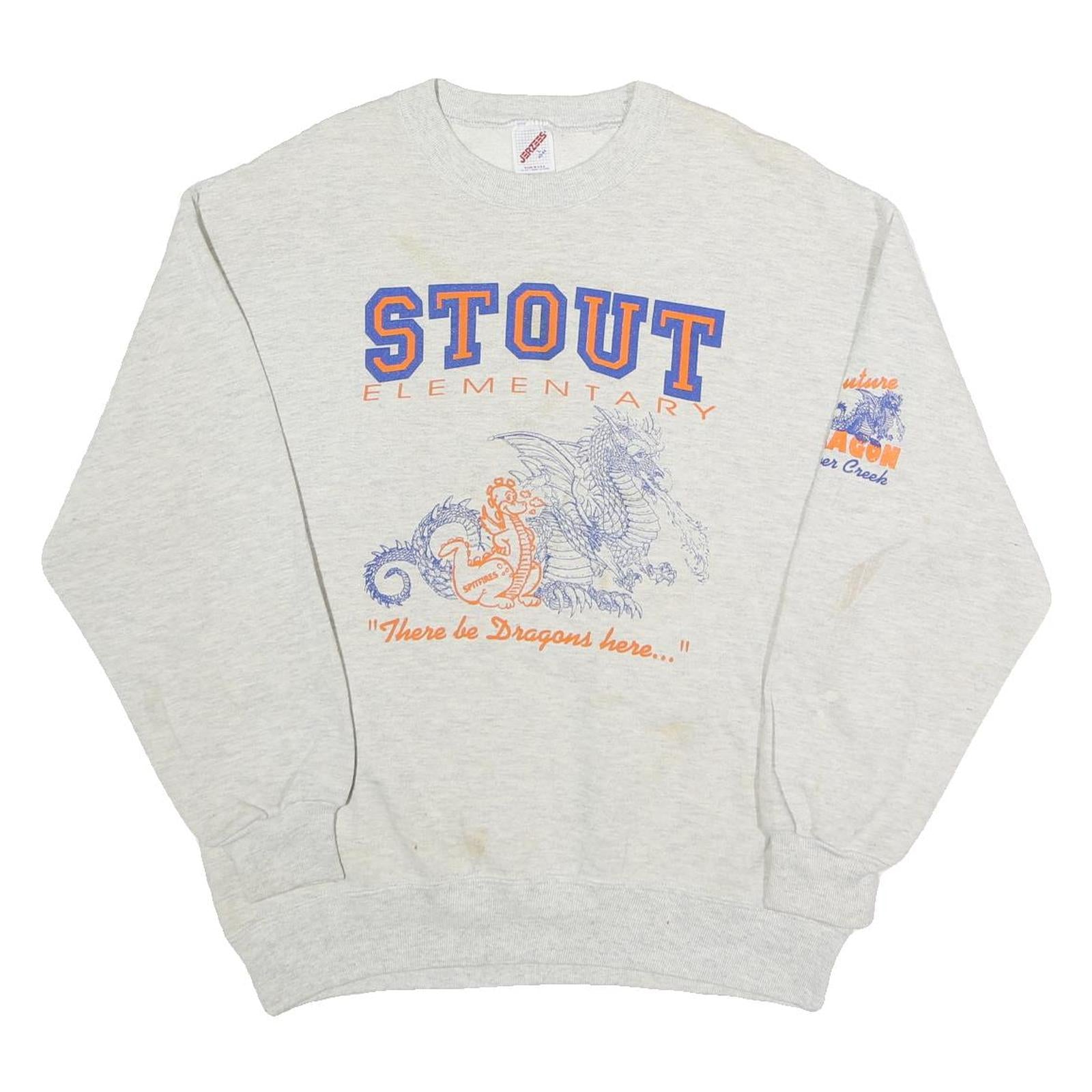 JERZEES Mens Grey Stout Elementary Dragon Graphic Crew Neck L Sweatshirt