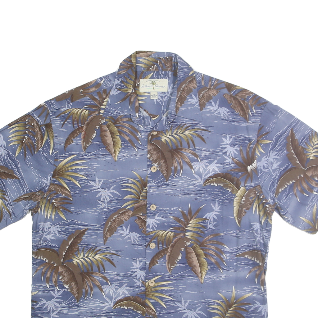 ISLAND SHORES Mens Blue & Brown Hawaiian Shirt M Cotton Tropical Casual Summer