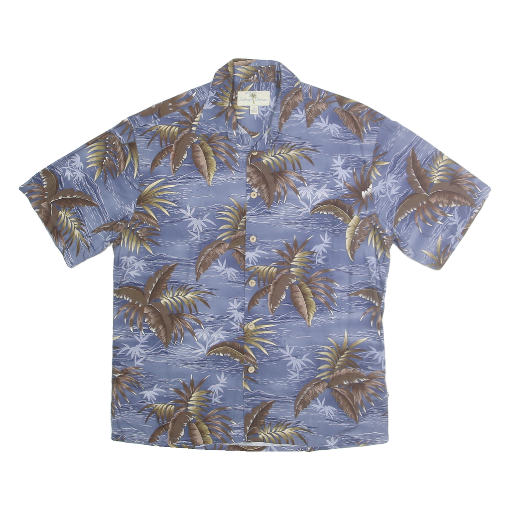 ISLAND SHORES Mens Blue & Brown Hawaiian Shirt M Cotton Tropical Casual Summer