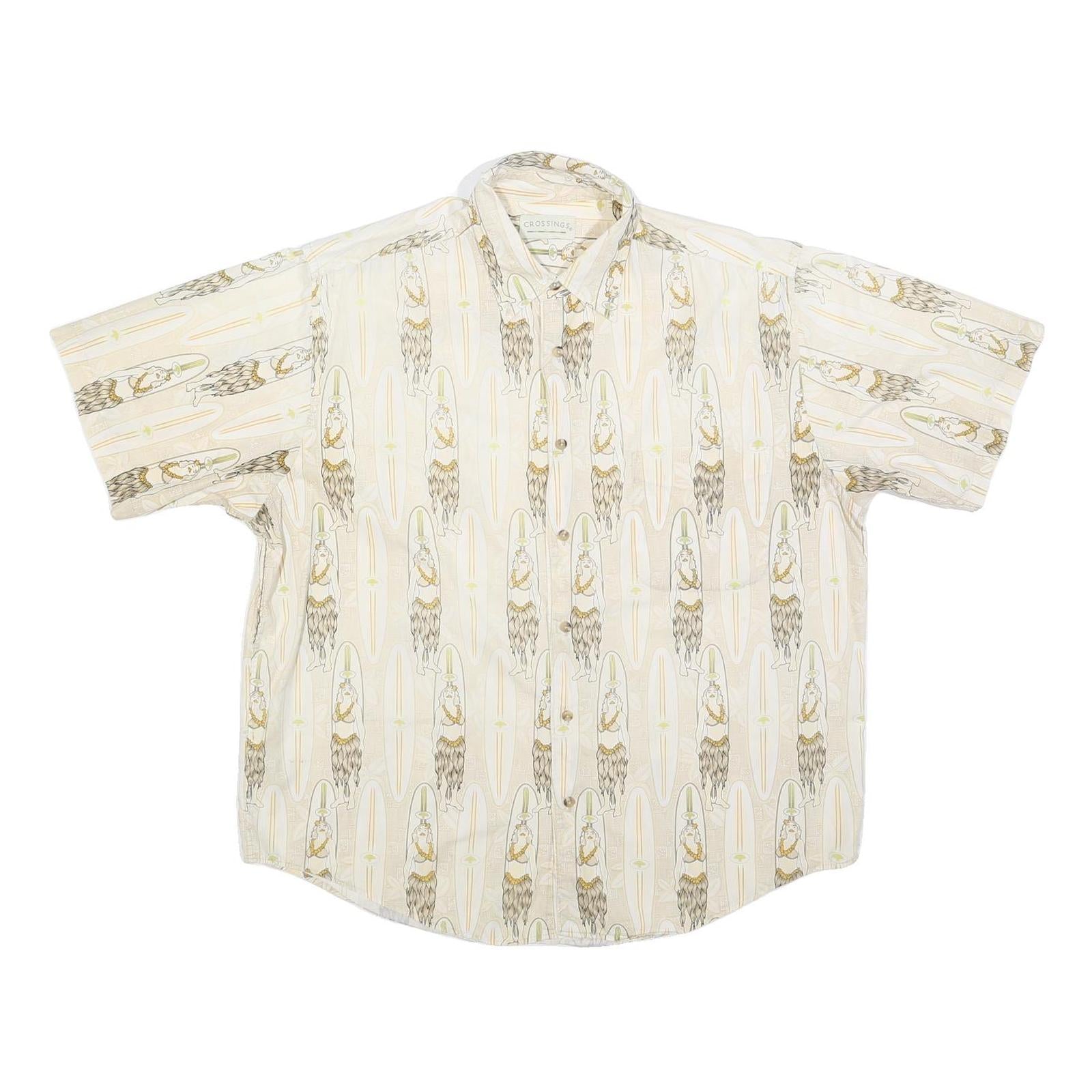 CROSSINGS Mens Cream & Brown Short Sleeve Pattern Shirt L Cotton Blend Casual