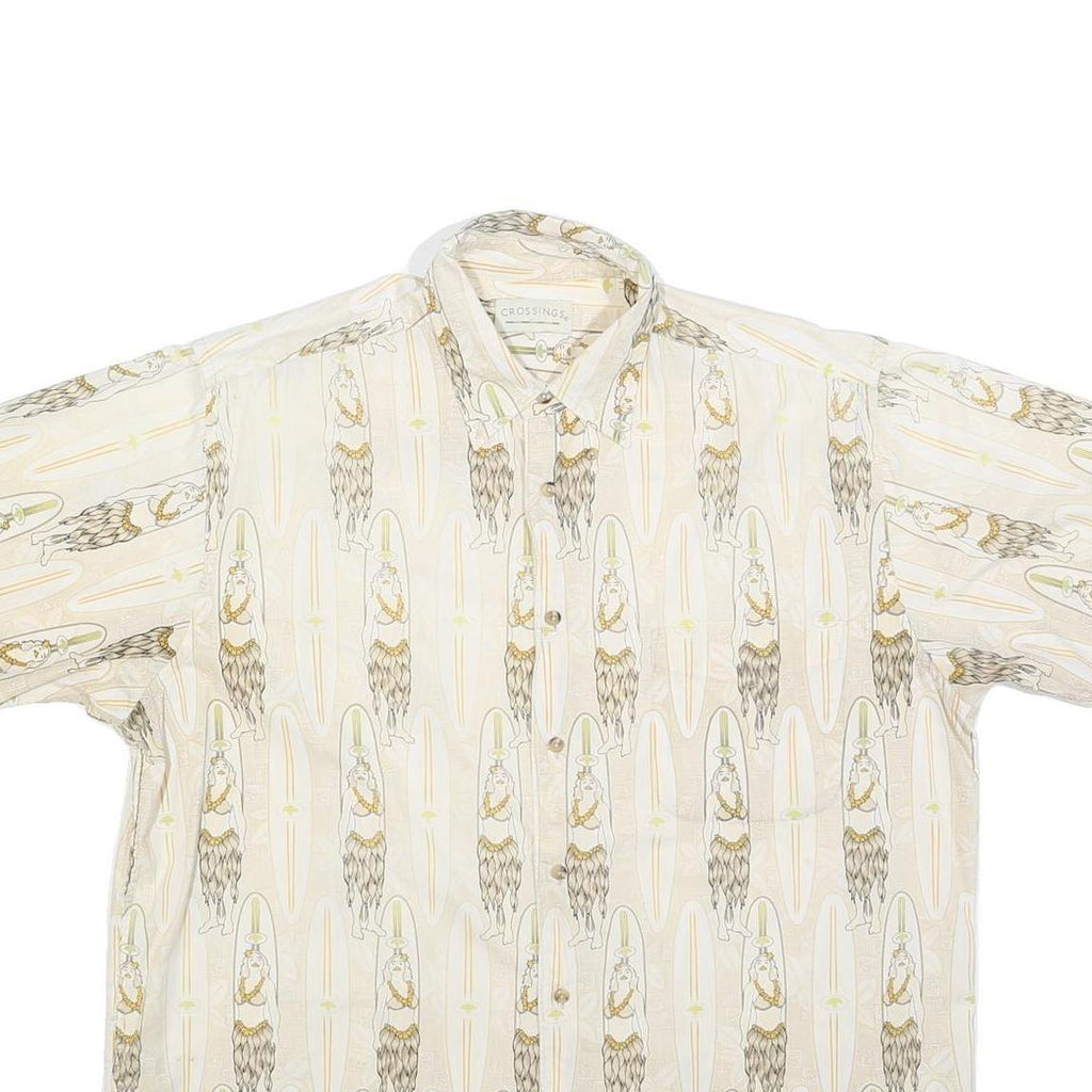 CROSSINGS Mens Cream & Brown Short Sleeve Pattern Shirt L Cotton Blend Casual
