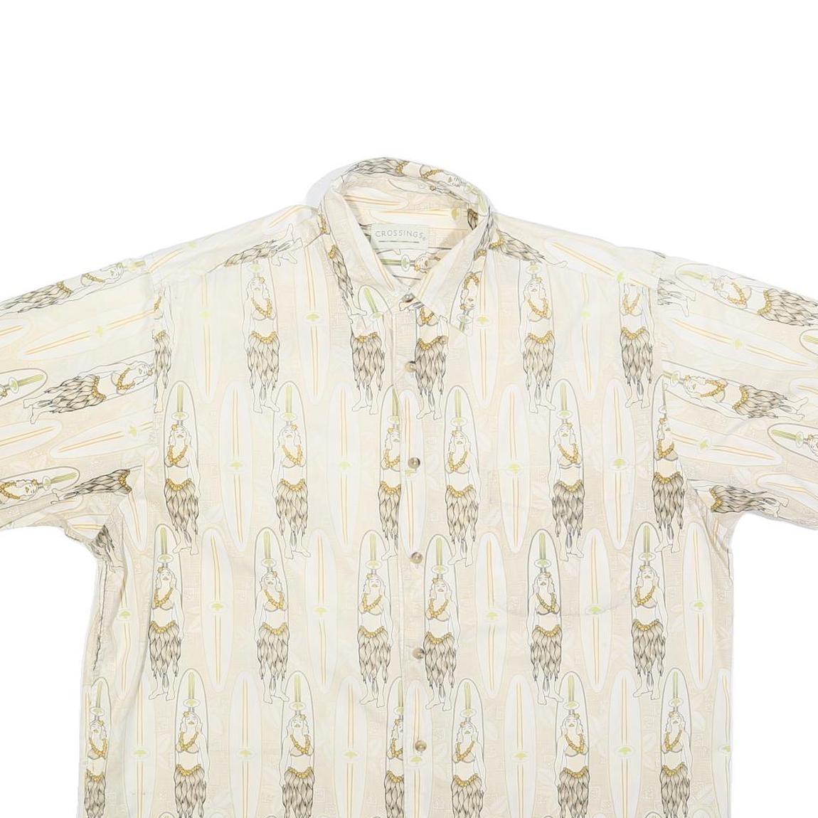 CROSSINGS Mens Cream & Brown Short Sleeve Pattern Shirt L Cotton Blend Casual