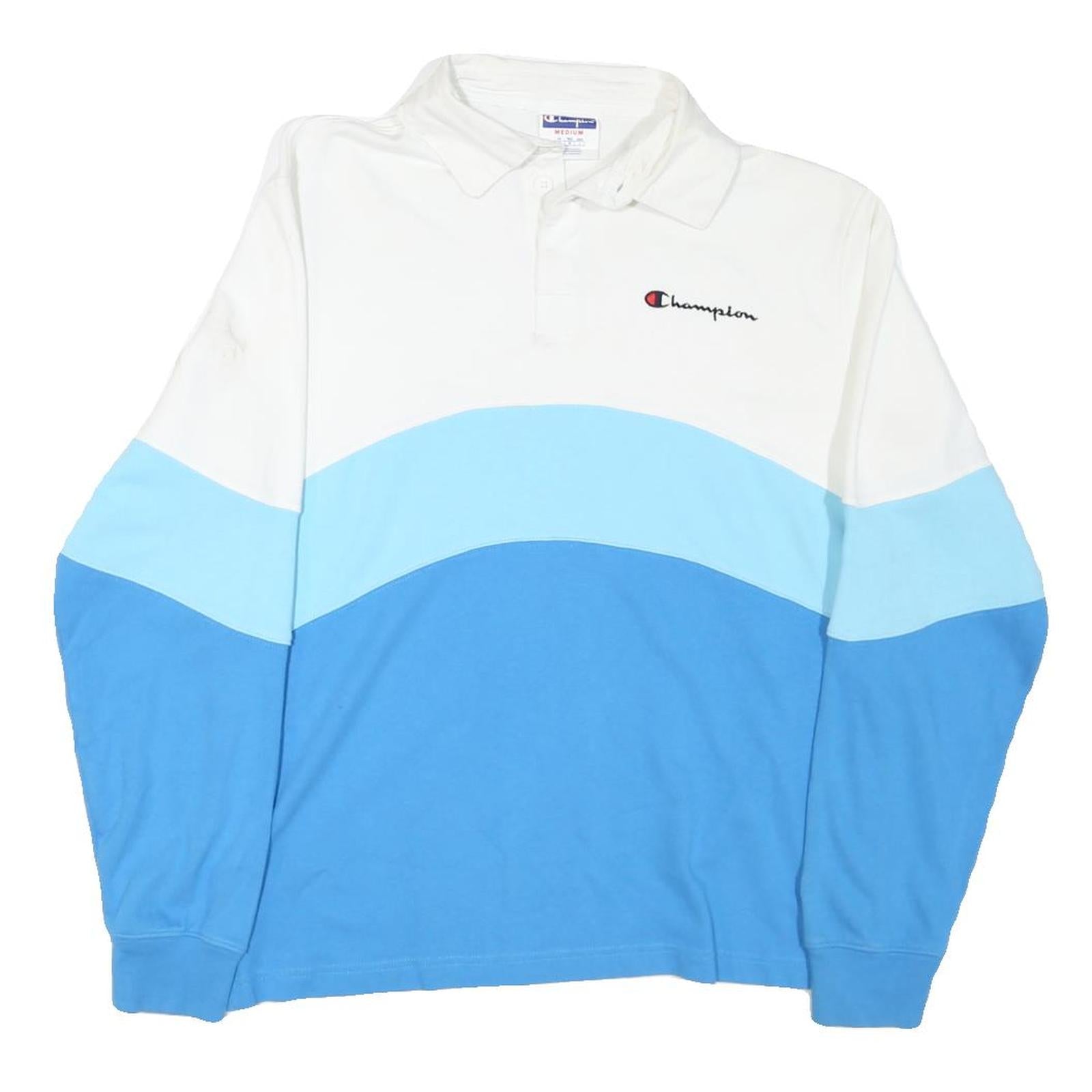 CHAMPION Mens White & Blue Long Sleeve Colourblock Polo Shirt M Cotton Blend