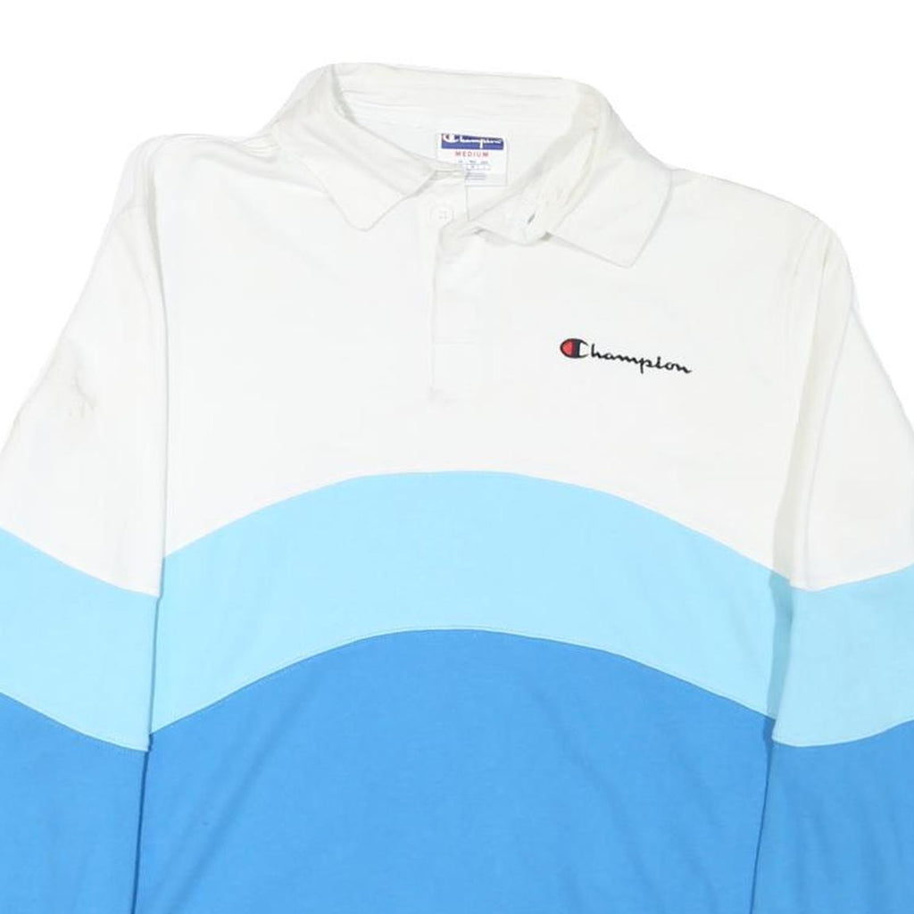 CHAMPION Mens White & Blue Long Sleeve Colourblock Polo Shirt M Cotton Blend