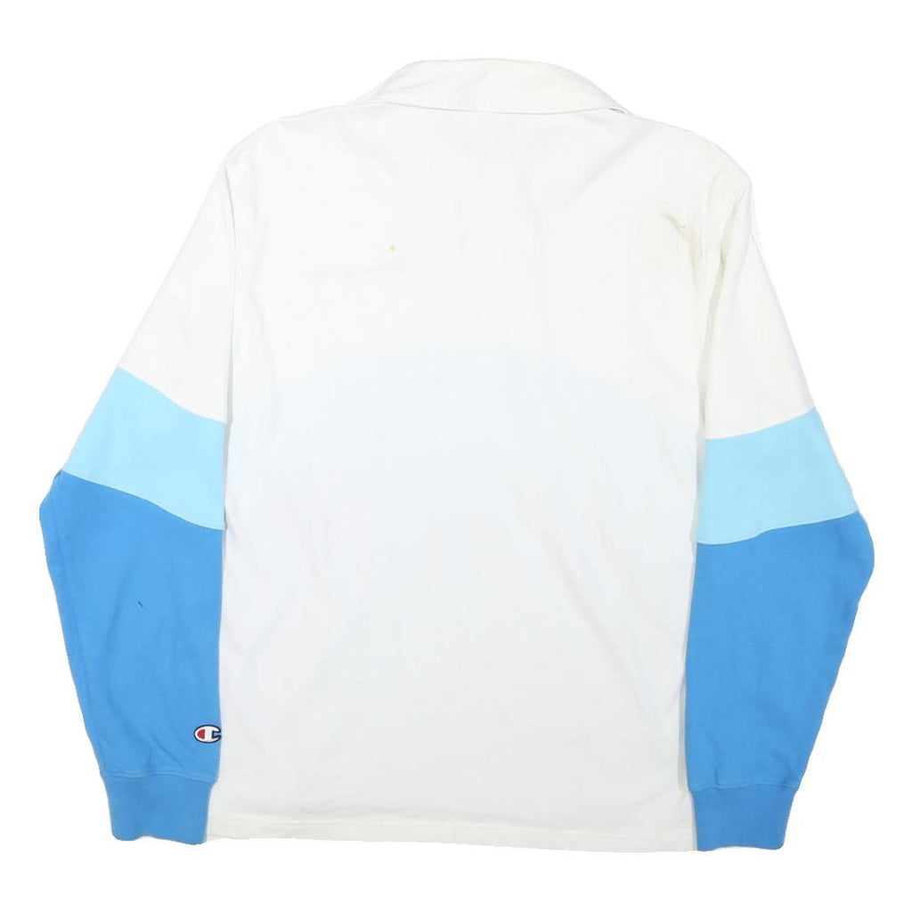CHAMPION Mens White & Blue Long Sleeve Colourblock Polo Shirt M Cotton Blend