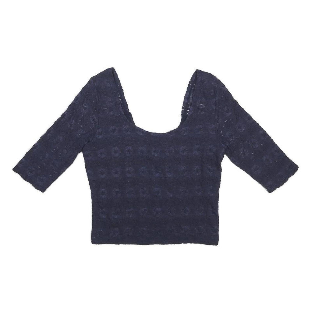 HOLLISTER Womens Navy Blue Printed Cropped 3/4 Sleeve Scoop Neck Top M
