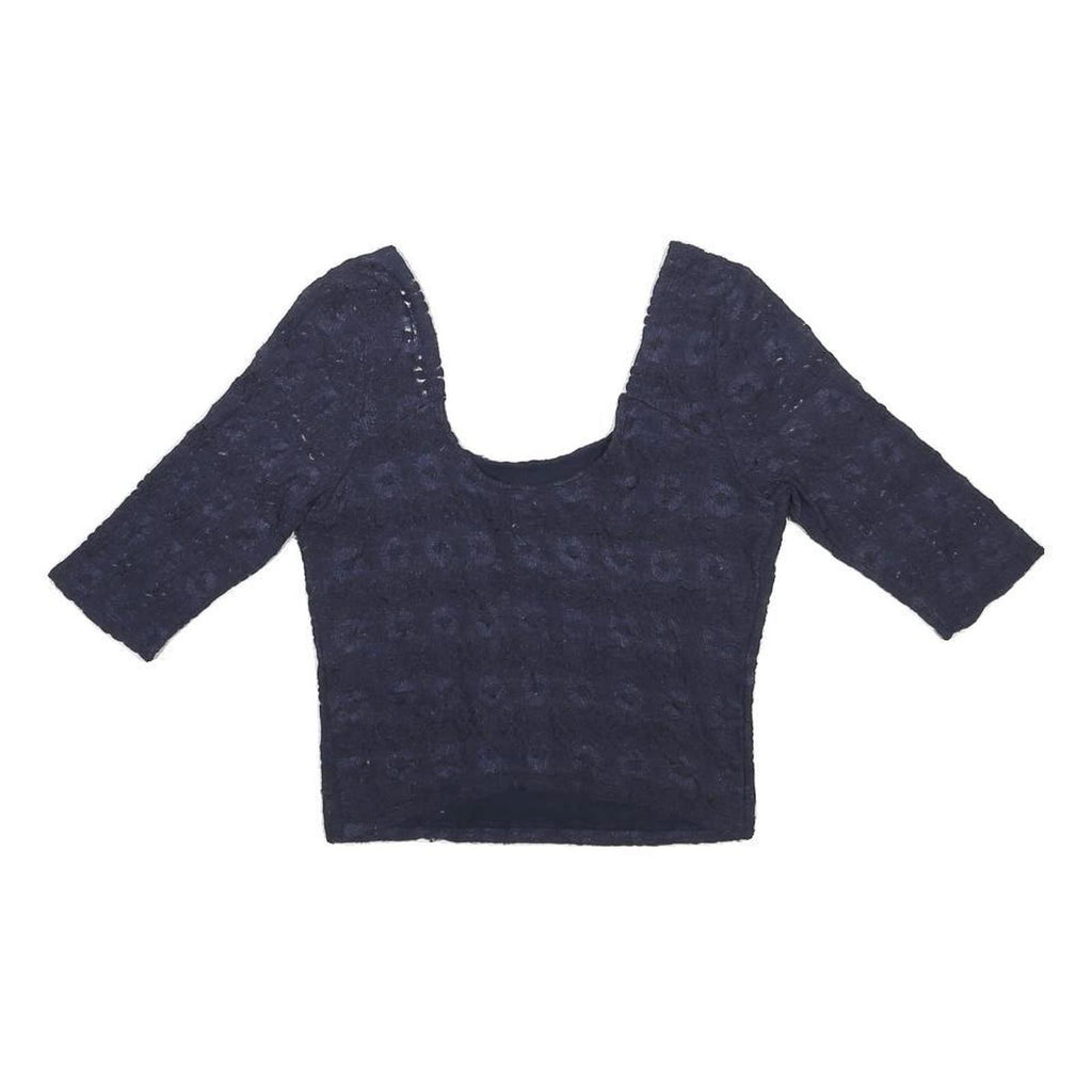HOLLISTER Womens Navy Blue Printed Cropped 3/4 Sleeve Scoop Neck Top M