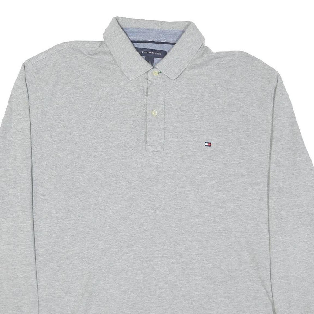 TOMMY HILFIGER Mens Grey Long Sleeve Plain Polo Shirt L Cotton Blend Classic
