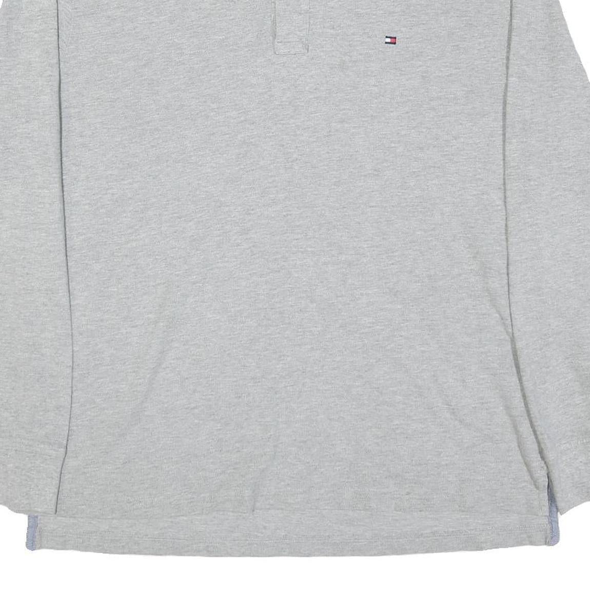 TOMMY HILFIGER Mens Grey Long Sleeve Plain Polo Shirt L Cotton Blend Classic