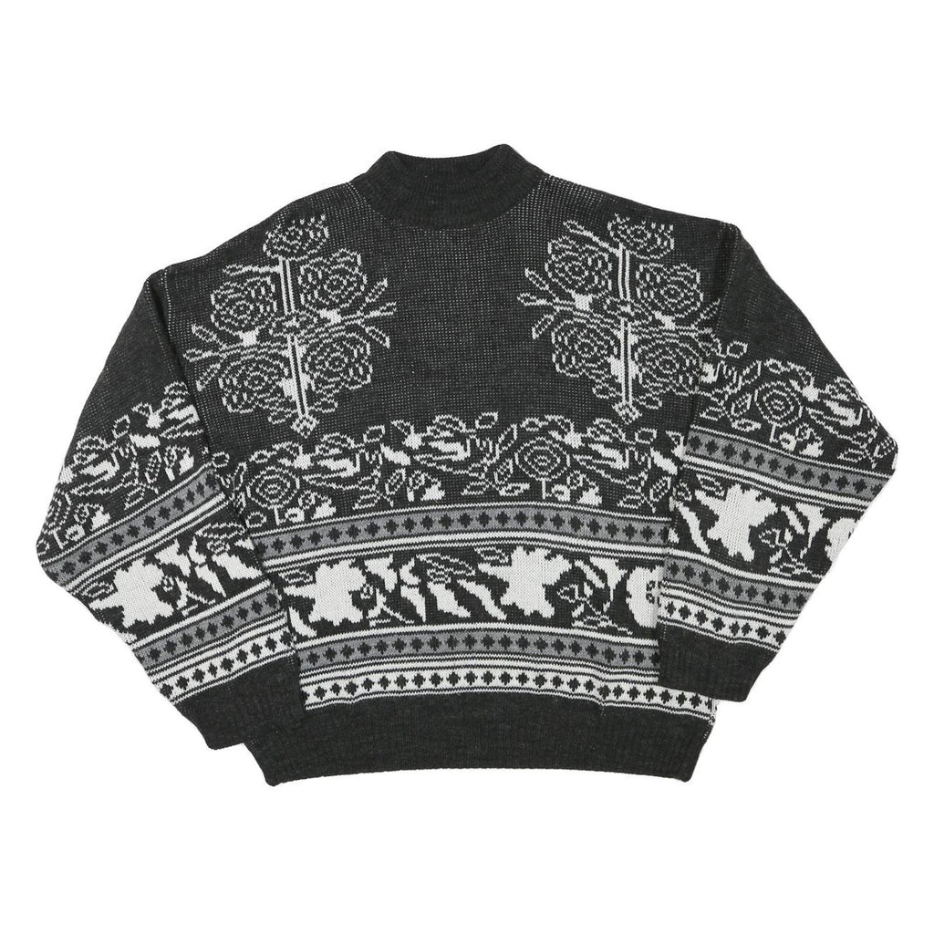Mens Black & White Patterned Acrylic Blend Jumper Crew Neck Waffle Knit XL
