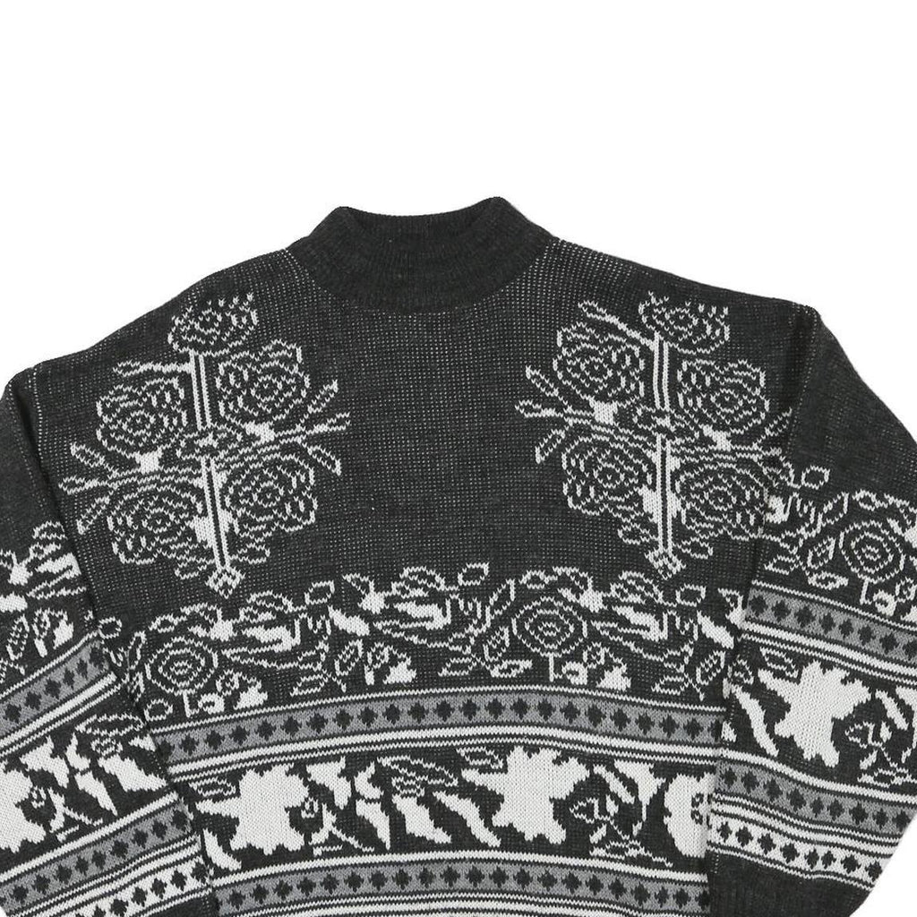Mens Black & White Patterned Acrylic Blend Jumper Crew Neck Waffle Knit XL