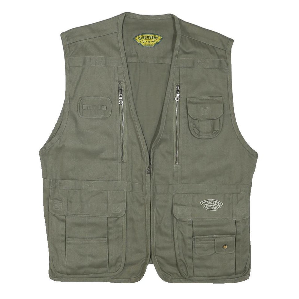 DISCOVERY Mens Green Cotton Blend Utility Vest L Woven Zip Pockets Outdoor